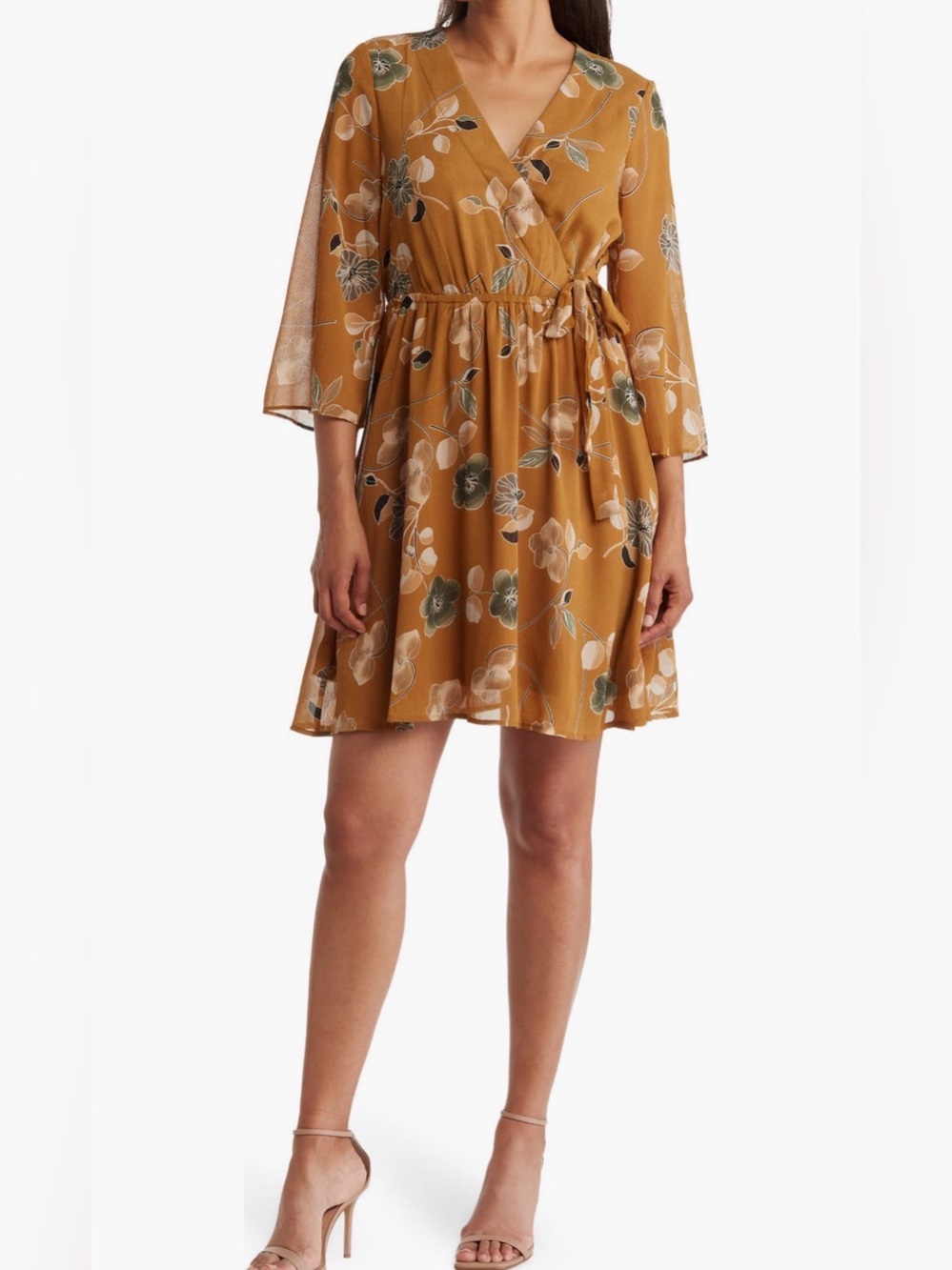 Calvin Klein Mustard Floral Wrap Dress with Green Accents